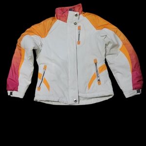 London Fog Kids Puffer Jacket in White with Orange and Pink
